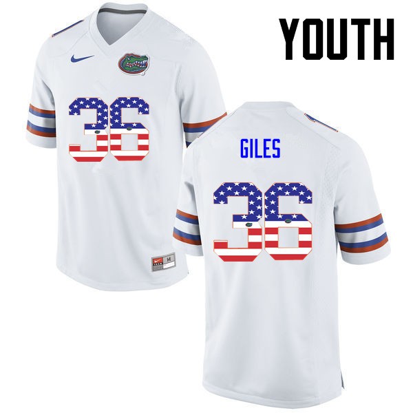 Florida Gators Youth #36 Eddie Giles College Football Jersey USA Flag Fashion White